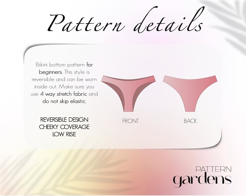 Puede incluir: Un diagrama que muestra la parte delantera y trasera de un patr&oacute;n de costura de la parte inferior de un bikini rosa. El patr&oacute;n se describe como reversible, con cobertura atrevida y de talle bajo. El texto "Pattern gardens" est&aacute; en la parte inferior de la imagen.