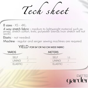 May include: Tech sheet for a sewing pattern with instructions for 8 sizes, XS to 4XL. The pattern requires 4-way stretch fabric, such as jersey, stretch cotton, knits, or polyester blends. The fabric yield is listed in yards and meters for a 54-inch or 140 cm wide fabric.