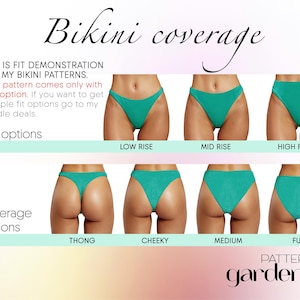 Puede incluir: Un gr&aacute;fico que muestra diferentes estilos de braguitas de bikini y opciones de altura. El gr&aacute;fico muestra cuatro opciones de cobertura diferentes: tanga, atrevido, medio y completo. El gr&aacute;fico tambi&eacute;n muestra tres opciones de altura diferentes: altura baja, altura media y altura alta.