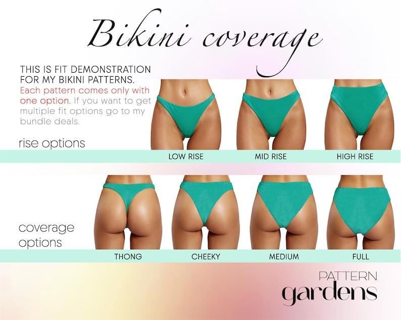 Puede incluir: Un gr&aacute;fico que muestra diferentes estilos de braguitas de bikini y opciones de altura. El gr&aacute;fico muestra cuatro opciones de cobertura diferentes: tanga, atrevido, medio y completo. El gr&aacute;fico tambi&eacute;n muestra tres opciones de altura diferentes: altura baja, altura media y altura alta.