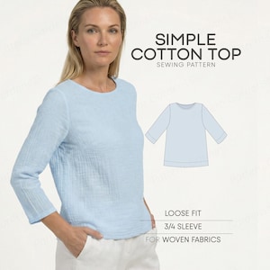 May include: A pale blue cotton top with 3/4 sleeves. The top is loose-fitting and designed for woven fabrics. The image also includes a diagram of the top and the text "SIMPLE COTTON TOP SEWING PATTERN".