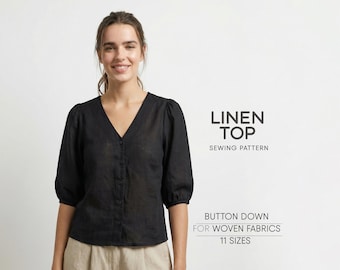 Linen Top Sewing Pattern For Women Blouse Pattern, Cotton Tunic Pattern For Woven Fabrics, Plus Size Blouse Sewing Pattern