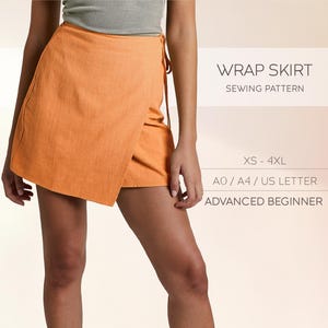 May include: A sewing pattern for a wrap skirt in orange. The pattern is available in sizes XS-4XL and comes in A0, A4, or US Letter size. The pattern is for an advanced beginner.