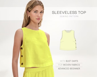 Sleeveless Top Pattern, Linen Top Sewing Pattern For Woven Fabrics, Loose Tunic Pattern For Women, Crop Top Sewing Pattern, Women's Shirt