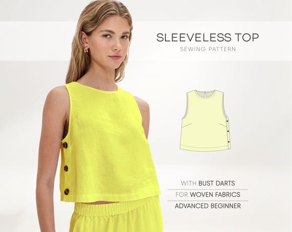 Sleeveless Top Pattern, Linen Top Sewing Pattern For Woven Fabrics, Loose Tunic Pattern For Women, Crop Top Sewing Pattern, Women's Shirt