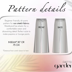 May include: A sewing pattern for a pair of wide-leg pants with a drawstring detail. The pattern is for non-stretch fabrics and has an inseam of 30 inches or 75 centimeters. The pattern is labeled "FRONT" and "BACK" and includes instructions for making pajama or lounge pants.