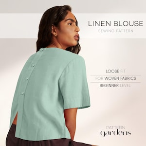 May include: A light green linen blouse sewing pattern. The blouse has short sleeves and a row of buttons down the back. The image text reads "Linen Blouse Sewing Pattern", "Loose Fit For Woven Fabrics", and "Beginner Level".