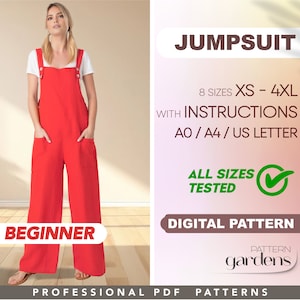 Jumpsuit Beginner Sewing Pattern, XS - 4XL, Women Dungaree Pattern, Simple Overall Pattern, DIY Dungarees, PDF Sewing Patterns