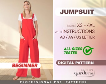 Jumpsuit Beginner Sewing Pattern, XS - 4XL, Women Dungaree Pattern, Simple Overall Pattern, DIY Dungarees, PDF Sewing Patterns
