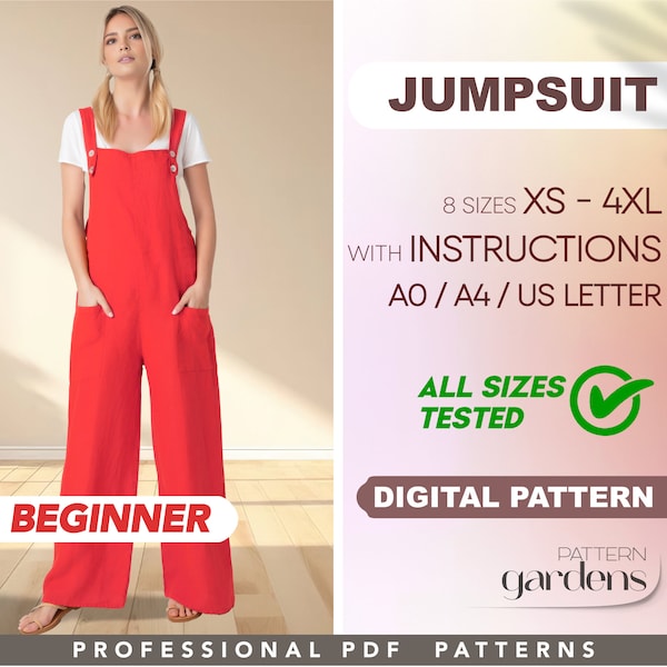 Jumpsuit Beginner Naaipatroon, XS - 4XL, Dames Dungaree Patroon, Eenvoudig Algemeen Patroon, DIY Tuinbroek, PDF Naaipatronen