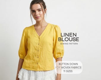 Womens Blouse Sewing Pattern, Linen Top Sewing Pattern, Simple Shirt Pattern For Woven Fabrics, Plus Size Tunic Pattern