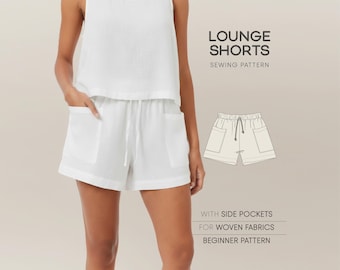 Patrón de pantalones cortos para mujer, patrón de pantalones cortos de lino, patrón de pantalones cortos de algodón, pantalones cortos para mujer con bolsillos, patrón PDF de pantalones cortos de pierna ancha.