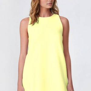 May include: A sleeveless, bright yellow mini dress with a round neckline.
