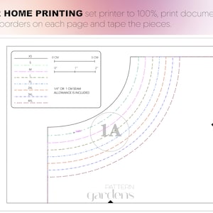 May include: A sewing pattern for a garment with a curved neckline. The pattern includes sizes XS to 4XL and is labelled "Pattern gardens".