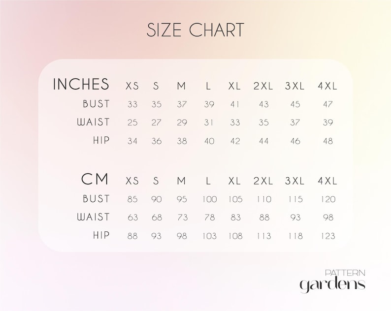 May include: Size chart for clothing in inches and centimetres. The chart shows measurements for bust, waist, and hip in sizes XS, S, M, L, XL, 2XL, 3XL, and 4XL.