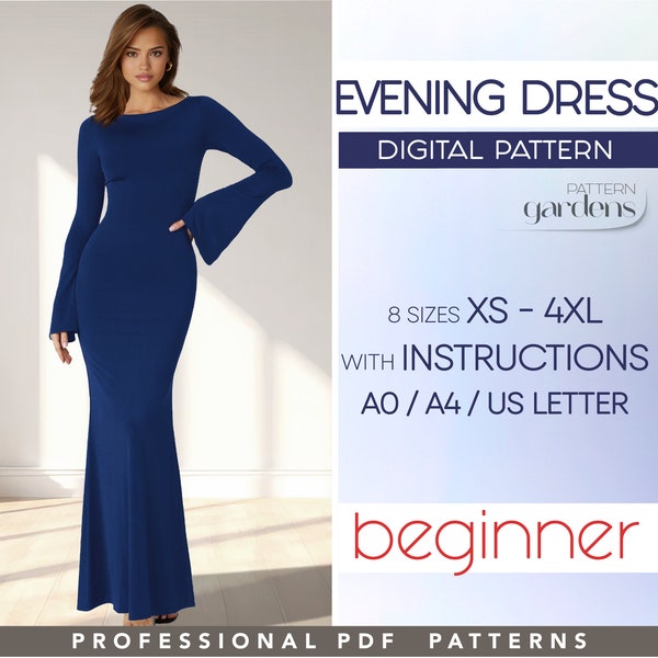 Evening Dress Pattern, Long Dress Sewing Pattern XS - 4XL, Formal Dress Pattern, Plus Size Dress, Beginner Friendly Sewing Patterns PDF