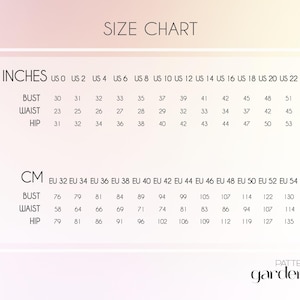 May include: A size chart titled SIZE CHART with two sections. The top section lists US sizes 0 through 22 in inches for bust, waist, and hip measurements. The bottom section lists EU sizes 32 through 54 in centimeters. The text Pattern gardens is at the bottom.