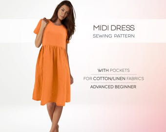 Midi Dress Pattern, Linen Tunic Sewing Pattern, Dress With Pockets Pattern, Linen Dress Pattern, Loose Dress, Plus Size Dress Pattern