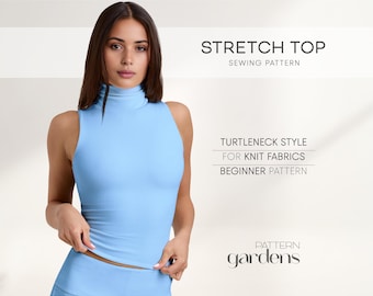 Sleeveless Top PDF Sewing Pattern For Beginners, Turtleneck Top Pattern For Stretch Fabrics, DIY Top Sewing Tutorial Easy Plus Size Patterns