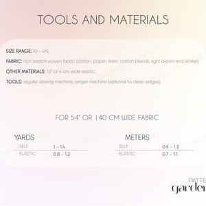 May include: A white graphic with the text "TOOLS AND MATERIALS" and sewing instructions. The image lists fabric and material requirements, including elastic and a sewing machine. Measurements are provided in yards and meters for fabric widths of 54 inches or 140 cm.