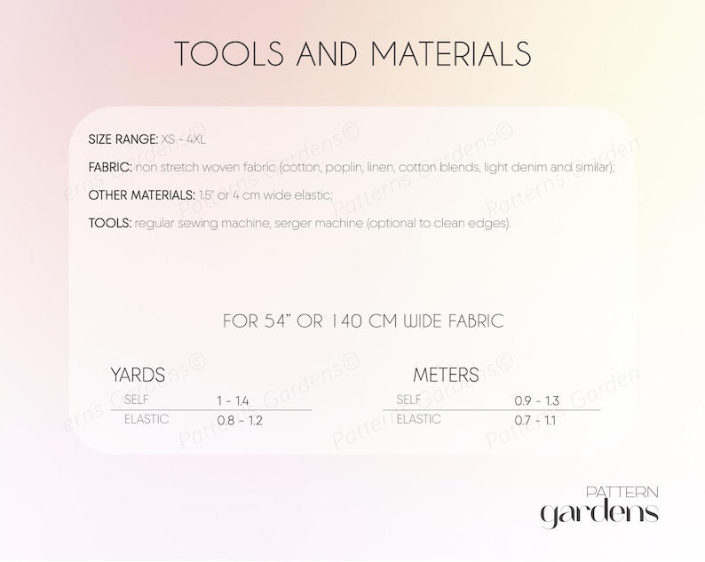 May include: A white graphic with the text "TOOLS AND MATERIALS" and sewing instructions. The image lists fabric and material requirements, including elastic and a sewing machine. Measurements are provided in yards and meters for fabric widths of 54 inches or 140 cm.