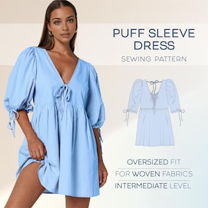 Dress Sewing Pattern, Puff Sleeve Dress Pattern, Loose Dress Pattern, Simple Dress Easy Pattern, Plus Size Sewing Patterns