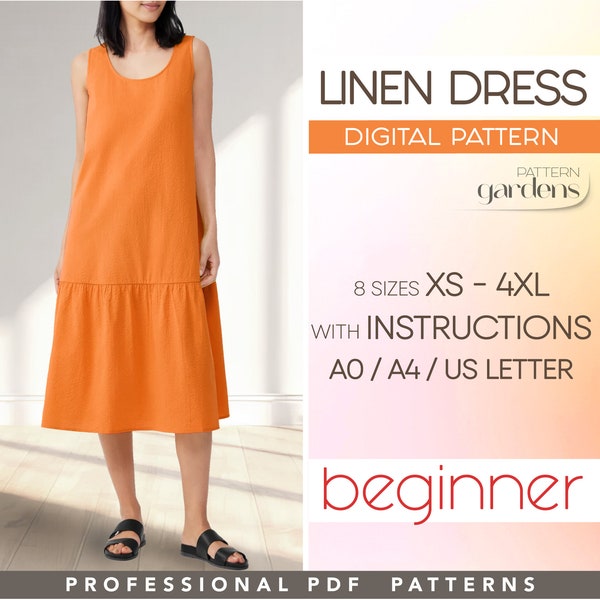 Linen Dress Sewing Pattern, Simple Dress With Pocket Pattern, Summer Midi Dress Beginner Pattern, Relaxed Casual Dress, Plus Size Patterns