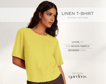 Patroon linnen top, damestop naaipatroon voor geweven stoffen, relaxte pasvorm tuniekpatroon voor dames, pdf-naaipatroon grote maten T-shirt