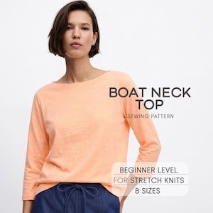 Women's Top Sewing Pattern, Boat Neck Top Pattern, Simple Top Pattern, Stretch Top Pattern For Knit Fabrics