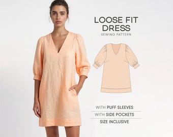 Linen Dress Pattern, A-Line Dress Sewing Pattern, Simple Dress Pattern, Shift Dress Pattern, Plus Size Dress PDF Pattern