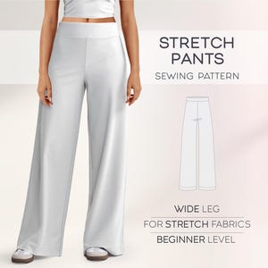 May include: A sewing pattern for wide-leg stretch pants. The pattern is for beginner sewers and is designed for stretch fabrics. The image shows a model wearing the pants.