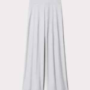 May include: Light gray wide-leg pants with a smooth, slightly textured fabric.