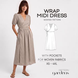 May include: A beige midi wrap dress with short puff sleeves, a V-neckline, and side pockets. The text reads: WRAP MIDI DRESS SEWING PATTERN WITH POCKETS FOR WOVEN FABRICS XS - 4XL. A line drawing of the dress is included alongside the Pattern Gardens logo.