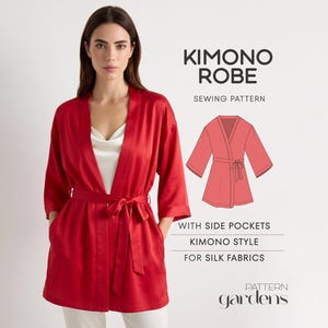 May include: A red kimono robe sewing pattern featuring a technical illustration of the garment with a tie waist and side pockets. The text reads KIMONO ROBE SEWING PATTERN WITH SIDE POCKETS KIMONO STYLE FOR SILK FABRICS and the brand name pattern gardens.