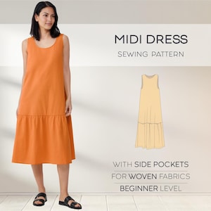 Midi Dress Sewing Pattern, Linen Dress With Pocket Pattern, Summer Dress Beginner Pattern, Relaxed Casual Dress, Plus Size Patterns