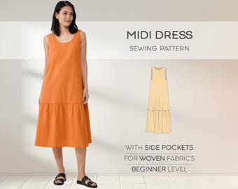 Midi Dress Sewing Pattern, Linen Dress With Pocket Pattern, Summer Dress Beginner Pattern, Relaxed Casual Dress, Plus Size Patterns