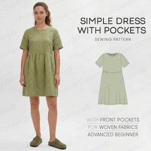 May include: A woman wearing a light green, short-sleeved dress with pockets. The dress has a simple design and is made for woven fabrics. The image also includes a diagram of the dress and text that reads "SIMPLE DRESS WITH POCKETS" and "ADVANCED BEGINNER".