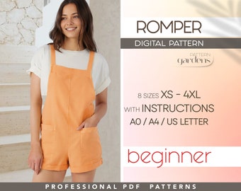 Romper Sewing Pattern XS - 4XL, Women Jumpsuit Pattern, Simple Overall Pattern, Dungaree Pattern, PDF Sewing Patterns