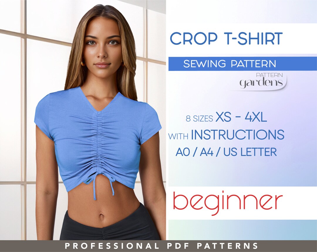 Cropped Top Pattern, Crop Tshirt Beginner Sewing Pattern for Women XS ...