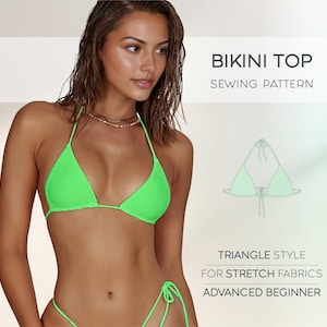 Puede incluir: Un top de bikini triangular verde neón. La imagen incluye el texto "BIKINI TOP SEWING PATTERN" y "TRIANGLE STYLE FOR STRETCH FABRICS ADVANCED BEGINNER". El top de bikini es de estilo halter con tirantes finos y lazos.