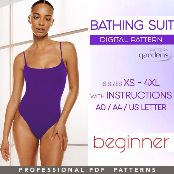 Swimsuit Beginner Pattern XS - 4XL, One Piece Bathing Suit Pattern, Bodysuit Sewing Pattern, Plus Size Bikini Pattern, PDF Sewing Patterns