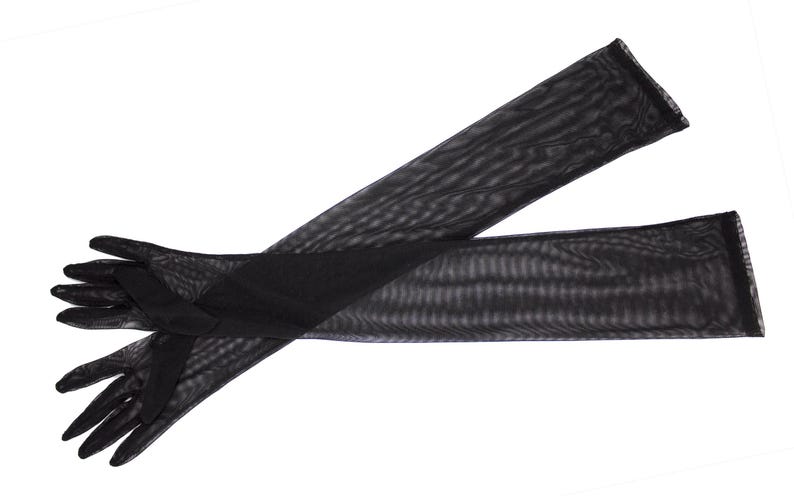 May include: A pair of long black mesh gloves with a solid black band at the wrist.