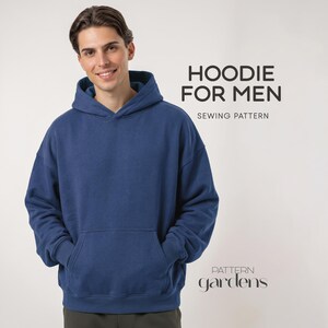 May include: A solid navy blue hooded sweatshirt with long sleeves, ribbed cuffs, and a front kangaroo pocket. The text on the right reads HOODIE FOR MEN SEWING PATTERN and the logo for PATTERN GARDENS is visible in the bottom right corner.