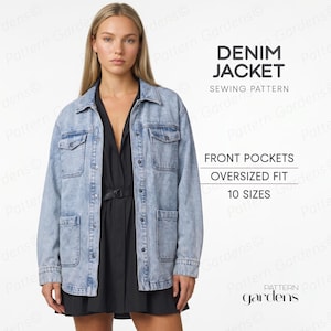 May include: A light blue denim jacket with front pockets and an oversized fit. The jacket has a button-down closure and is worn over a black dress. The image also includes text that says "DENIM JACKET SEWING PATTERN".