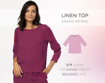 Patroon linnen top, naaipatroon katoenen top voor vrouwen, eenvoudig tuniekpatroon, eenvoudige beginnerspatronen voor vrouwen, zomerblousepatroon pdf