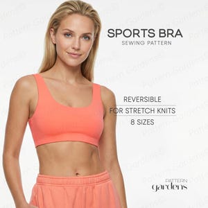May include: A woman in a coral sports bra and shorts. The image features text: "SPORTS BRA SEWING PATTERN", "REVERSIBLE FOR STRETCH KNITS 8 SIZES". The background is white with a repeating pattern. The outfit is a sewing pattern.