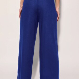 May include: Royal blue wide-leg pants with a drawstring waist.