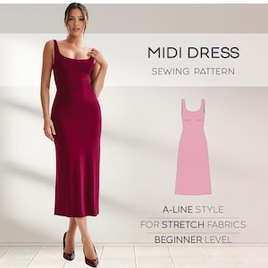 Patrón de vestido midi, patrón de vestido ajustado XS - 4XL, patrón de vestido para telas elásticas, patrón de vestido de mujer, patrones de costura en PDF