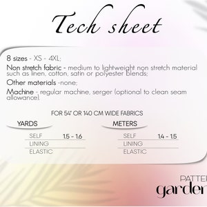 Op de afbeelding: Technisch blad voor een naaipatroon met instructies voor 8 maten, van XS tot 4XL. Het patroon vereist niet-rekbare stof, zoals linnen, katoen, satijn of polyester blends. De stofvereisten zijn vermeld in yards en meters voor 54 inch of 140 cm brede stoffen.