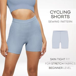Könnte beinhalten: Ein Schnittmuster für Radshorts. Das Schnittmuster ist für eine enganliegende Passform und für dehnbare Stoffe konzipiert. Das Schnittmuster ist für Anfänger geeignet.